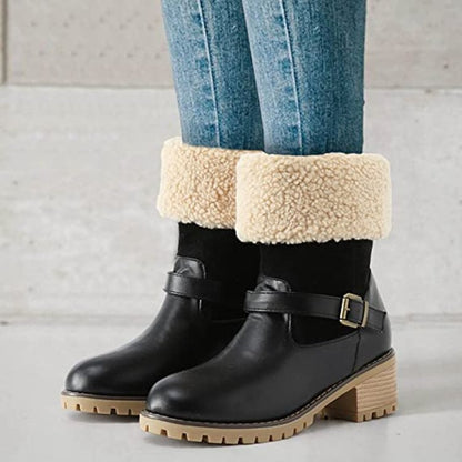 Women’s Fashion Buckle Western Boots | High-Sense Chunky Heel Winter Shoes | Trendy Minimalist Round Toe Warm Boots | Luxury-Label Statuesque Outdoor Wear | 2026 High-Fashion Radiant Cold-Weather Essential