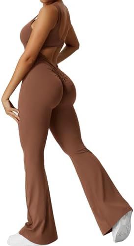 Women’s Sleeveless Flare Yoga Jumpsuit | Full-Body Fitness Bodysuit with Flared Legs | Elegant Backless Workout One-Piece | Trendy High-Stretch Athleisure Yoga Set | 2026 Modern Studio-to-Street Jumpsuit