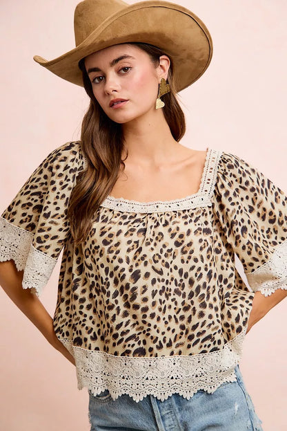 BiBi Leopard Lace Mix And Match Square Neckline Top