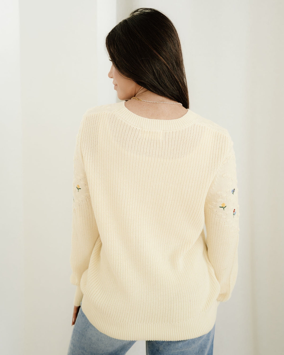 Gemma Mixed Texture Knit Flower Embroidered Detail Casual Sweater