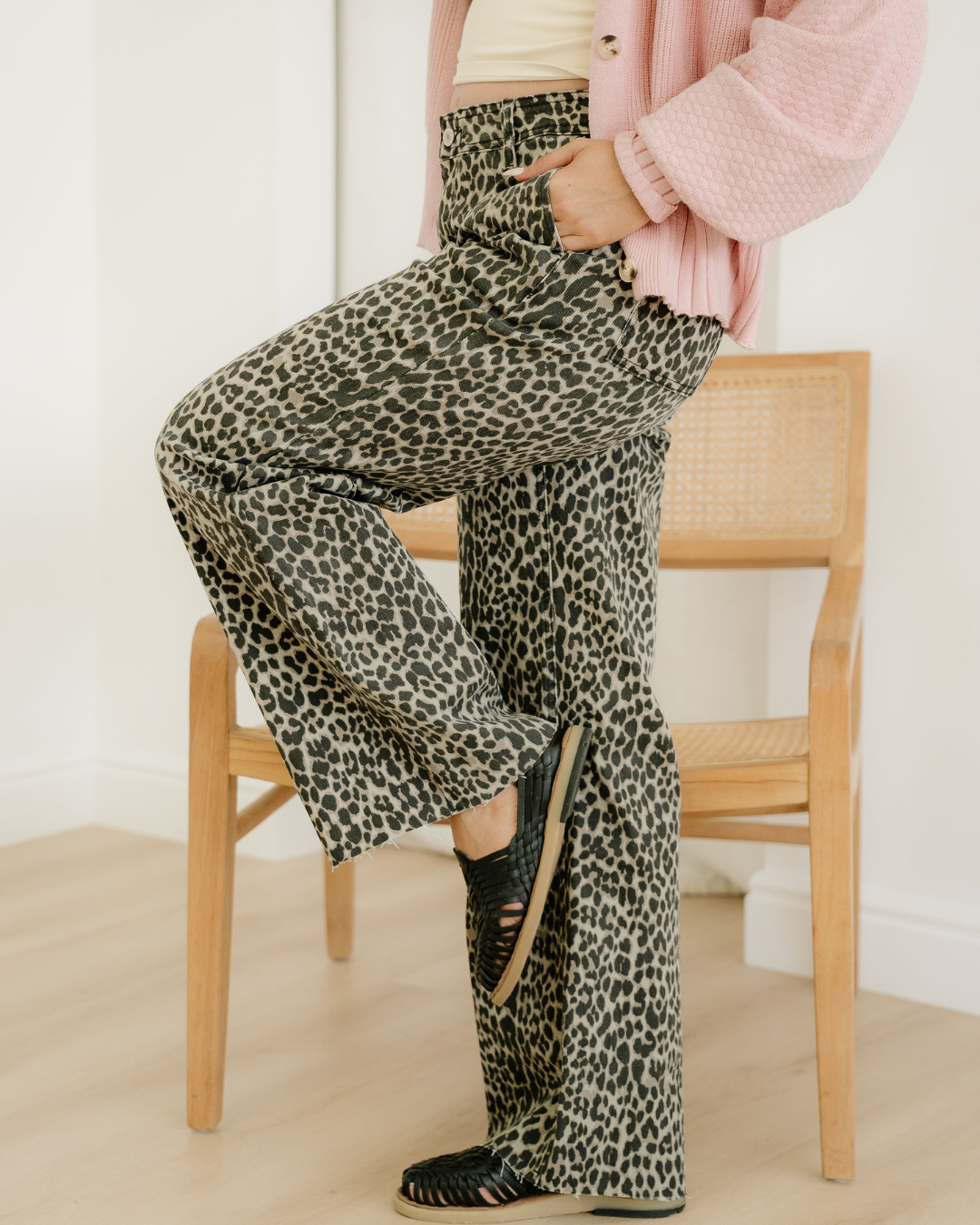 Black Leopard Print Wide Leg High Waist Jeans