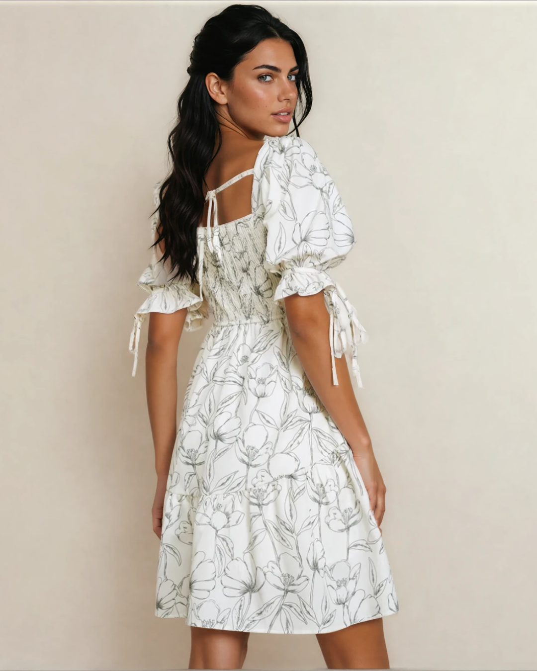 Cleo Square Neck Shirred Back Puff Sleeve Mini Dress