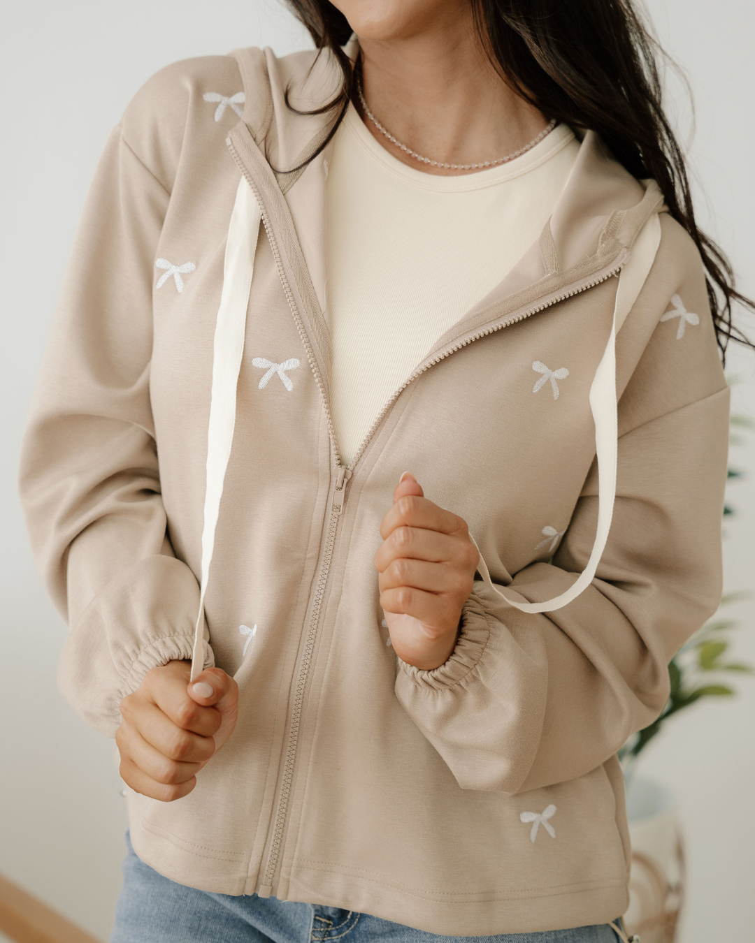 Brielle Bow Embroidered Zip Up Hoodie