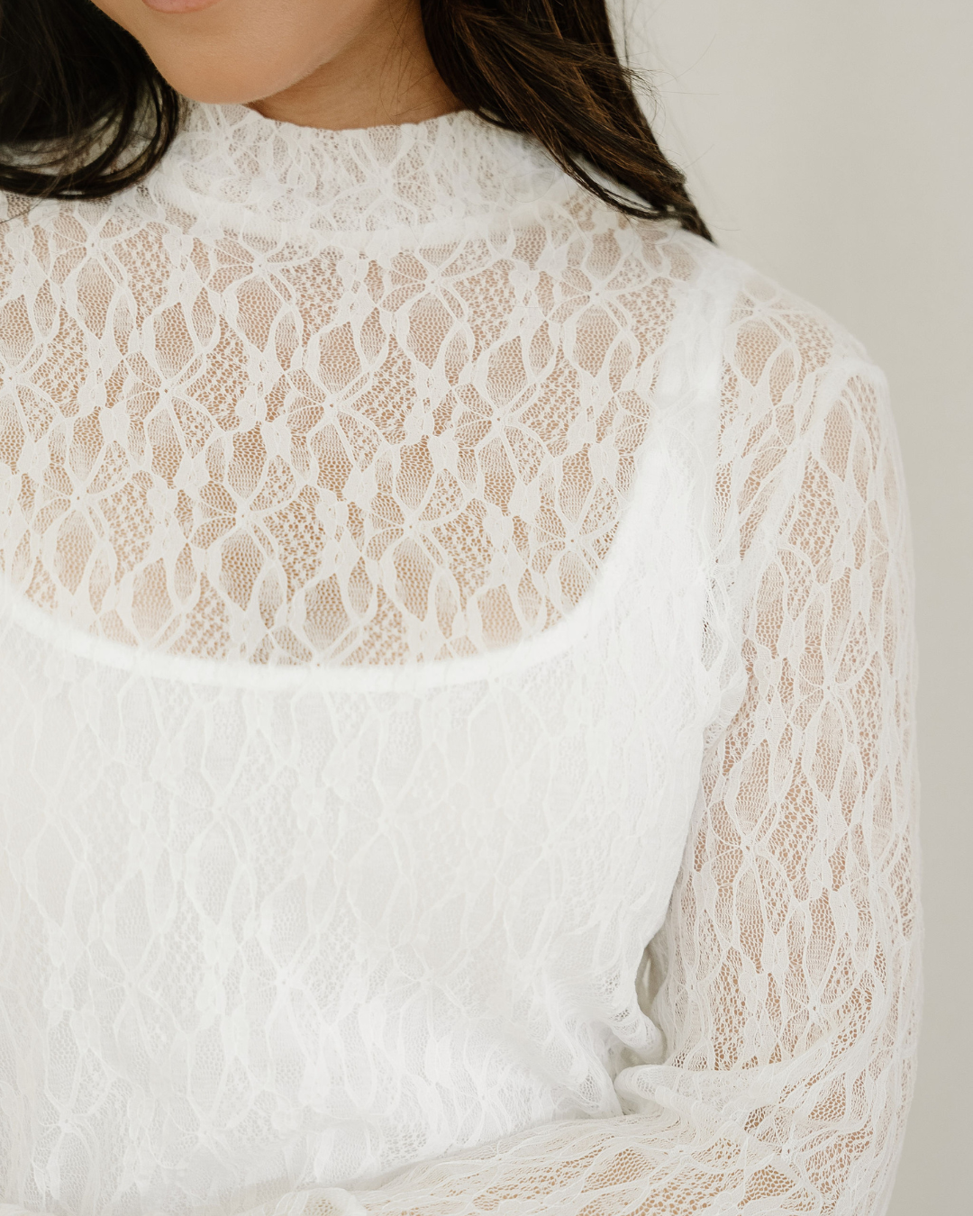 Amara Sheer Lace Bell Sleeve Mock Neck Blouse