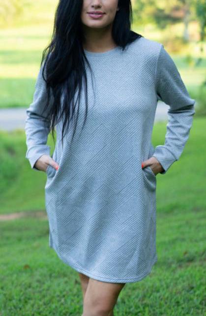 Threaded Pear Quincy Textured Long Sleeve Dress