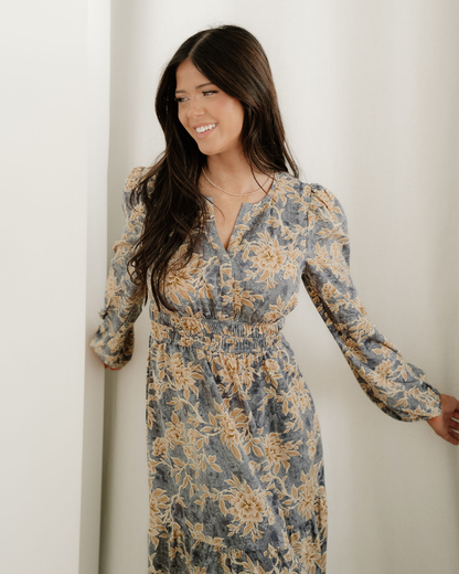Brianna Floral Print Smocked High Waist Long Sleeve Maxi Dress - Blue