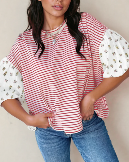 Aviva Puff Sleeve Patchwork Round Neck Loose Top - Red