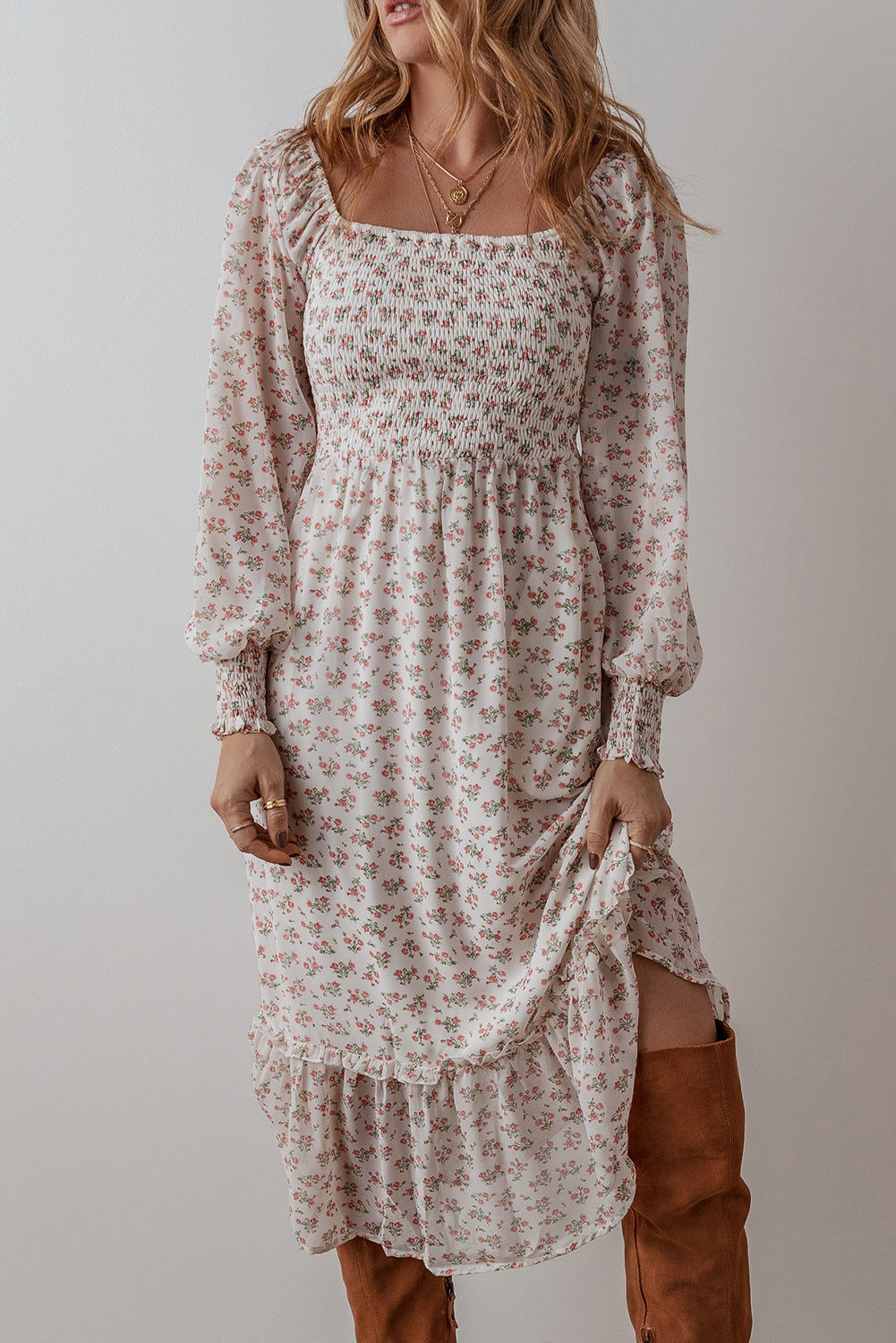 Threaded Pear Delaney Ruffled Hem Square Neck Midi Dress