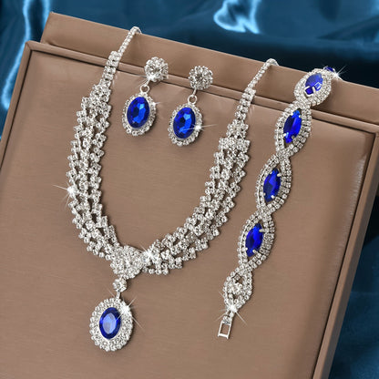 Luxury European Sapphire Jewelry Set | 4-Piece Elegant Necklace, Earrings, Bracelet & Ring Set | Deep Blue Crystal Formal Jewelry Collection | Royal Banquet Jewelry Set for Women