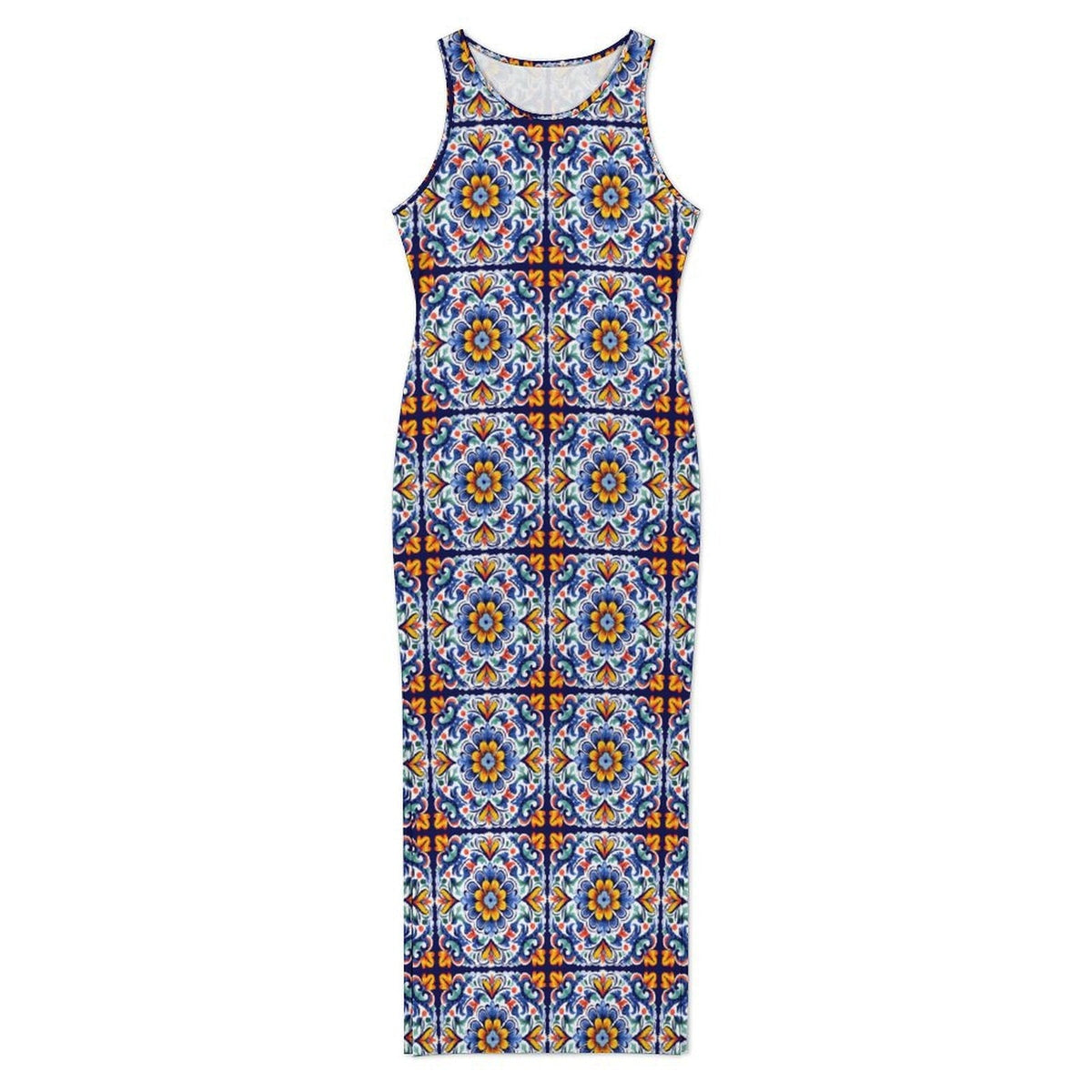 Baha Ranch Colores de Mexico Talavera Sleeveless Bodycon Side Slit Long Dress