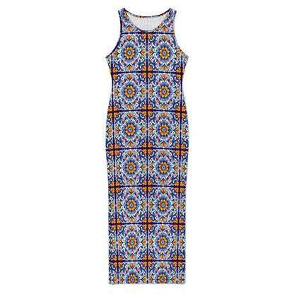 Baha Ranch Colores de Mexico Talavera Sleeveless Bodycon Side Slit Long Dress
