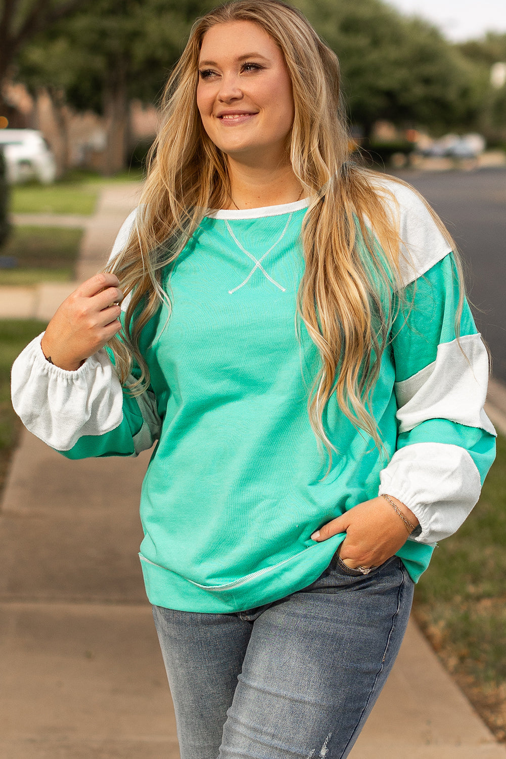 Threaded Pear Aruba Blue Colorblock Patchwork Cross Seam Plus Sweatshirt