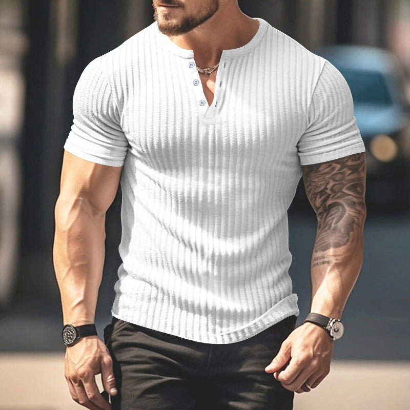 Men's Casual Short Sleeve  T-shirt Summer Sunken Stripe V-neck Slim Fit Henley Shirts Basic Tops