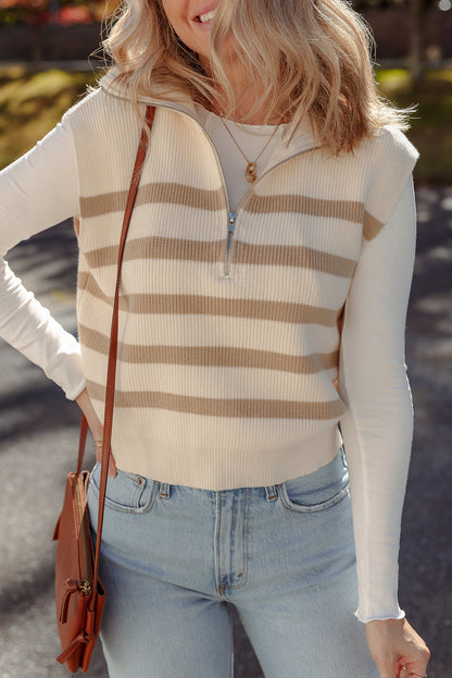 Threaded Pear Everly Stripe Ribbed Half Zip Collared Sweater Vest
