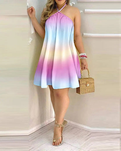 Women’s Off-Shoulder Hanging Neck Printed Dress | High-Sense Sleeveless Summer Midi | Trendy Minimalist Backless Dress | Luxury-Label Flowing Artistic Sundress | 2026 High-Fashion Statuesque Tropical Wear