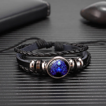 12 Zodiac Constellation Luminous Bracelet | Handmade Braided Leather Astrology Bracelet | Glow-in-the-Dark Birthday Gift for Men, Women & Kids