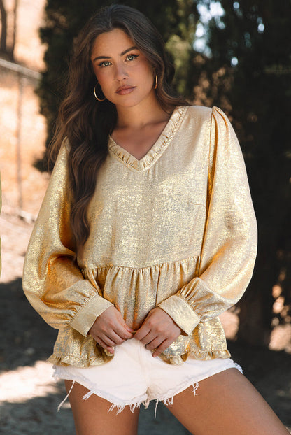 Threaded Pear Metallic Frilled V Neck Puff Sleeve Babydoll Blouse