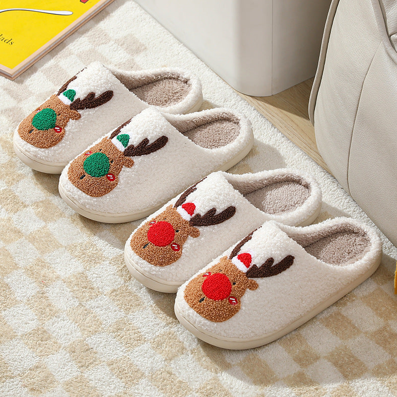 Christmas Elk Winter Home Slippers | Soft Cozy Reindeer Bedroom Shoes | Plush Slip-On House Slippers for Men & Women | Warm Holiday Indoor Footwear