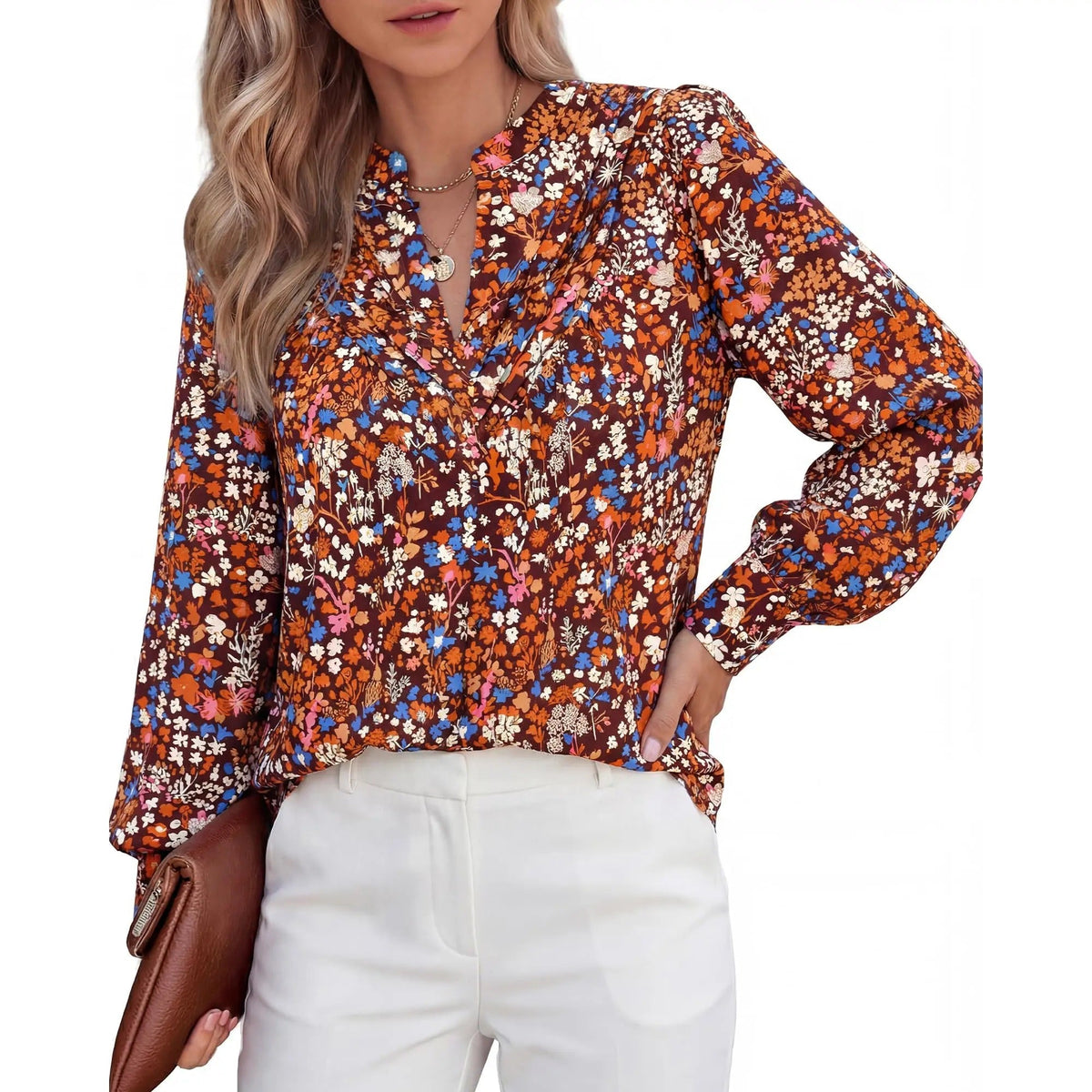 Women's Boho Floral V-Neck Half Button Down Blouse