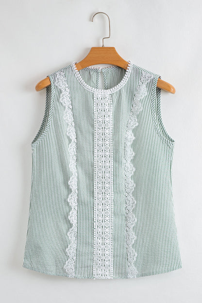 Threaded Pear Meredith Stripe Lace Patchwork Crew Neck Tank Top