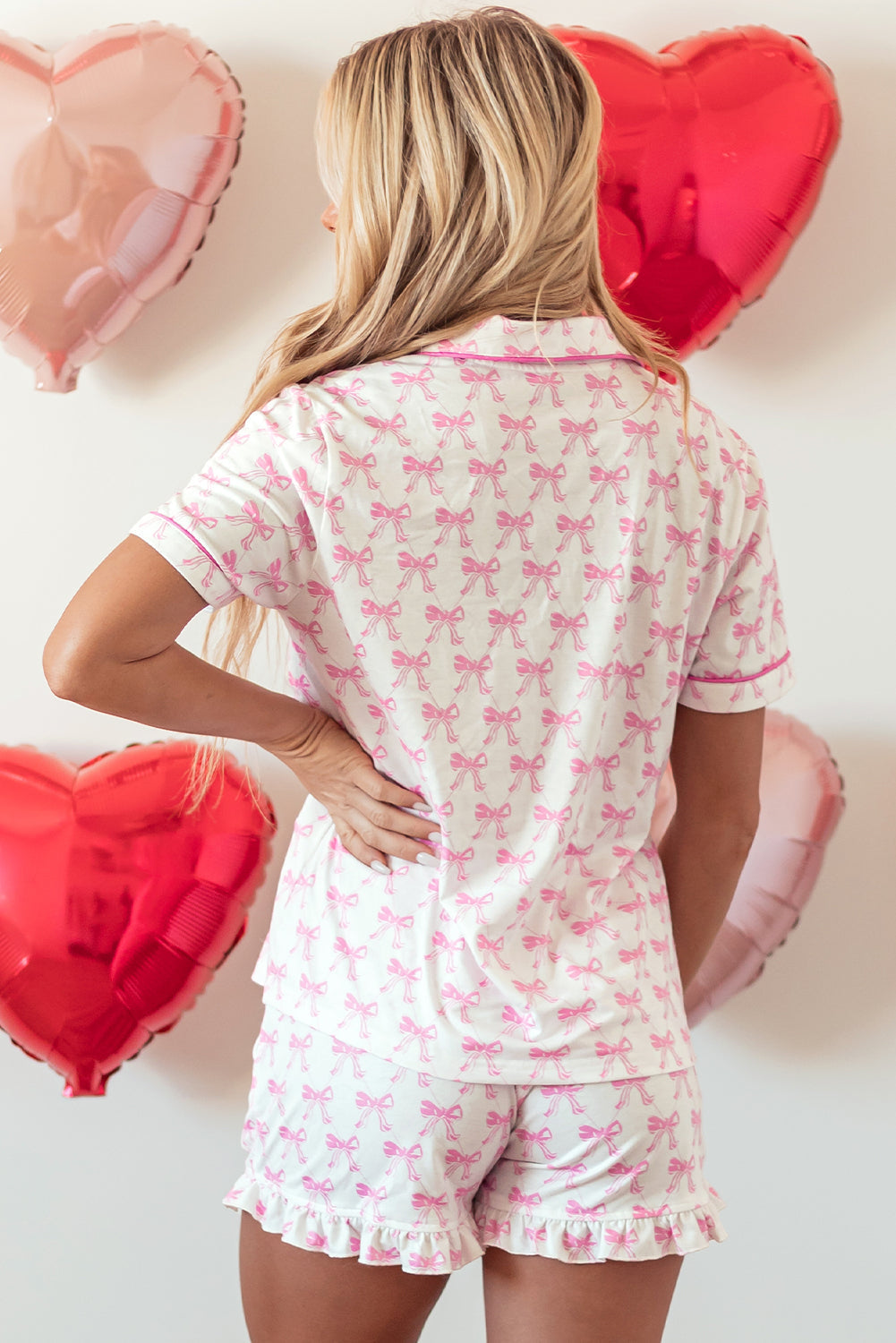 Threaded Pear Bow Short Sleeve and Ruffled Shorts Pajama Set