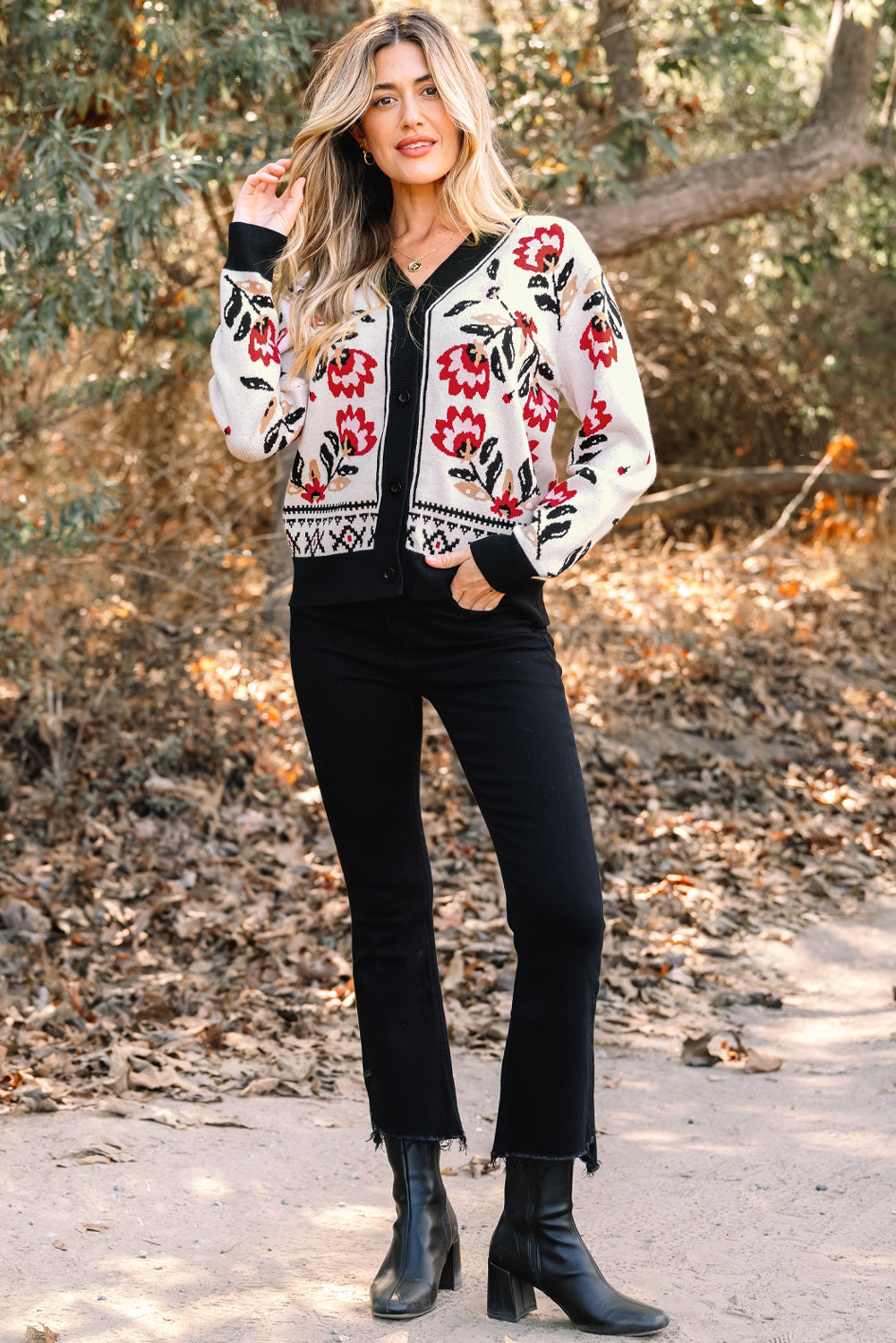 Threaded Pear Selene Print Front Knit Cardigan