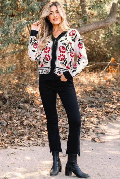 Threaded Pear Selene Print Front Knit Cardigan