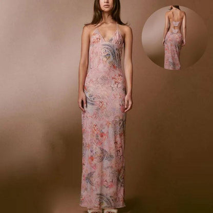 Floral Print Halter Dress - Sexy Butterfly Back Spaghetti Straps