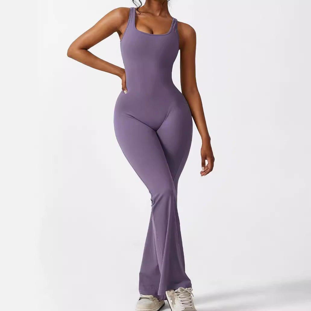 Women’s Sleeveless Flare Yoga Jumpsuit | Full-Body Fitness Bodysuit with Flared Legs | Elegant Backless Workout One-Piece | Trendy High-Stretch Athleisure Yoga Set | 2026 Modern Studio-to-Street Jumpsuit