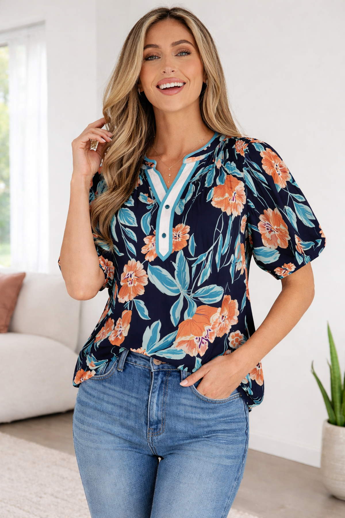 Threaded Pear Ila Bubble Sleeve Notched Blouse