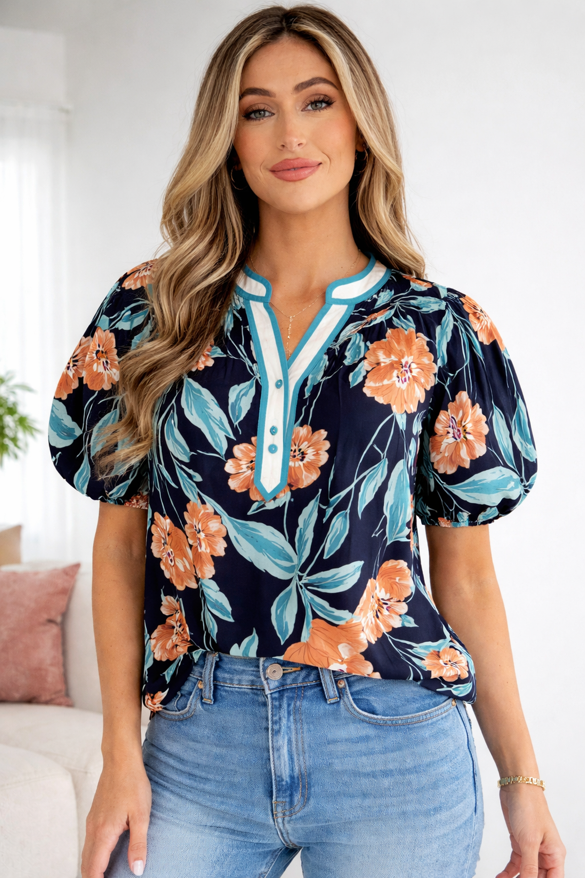 Threaded Pear Ila Bubble Sleeve Notched Blouse