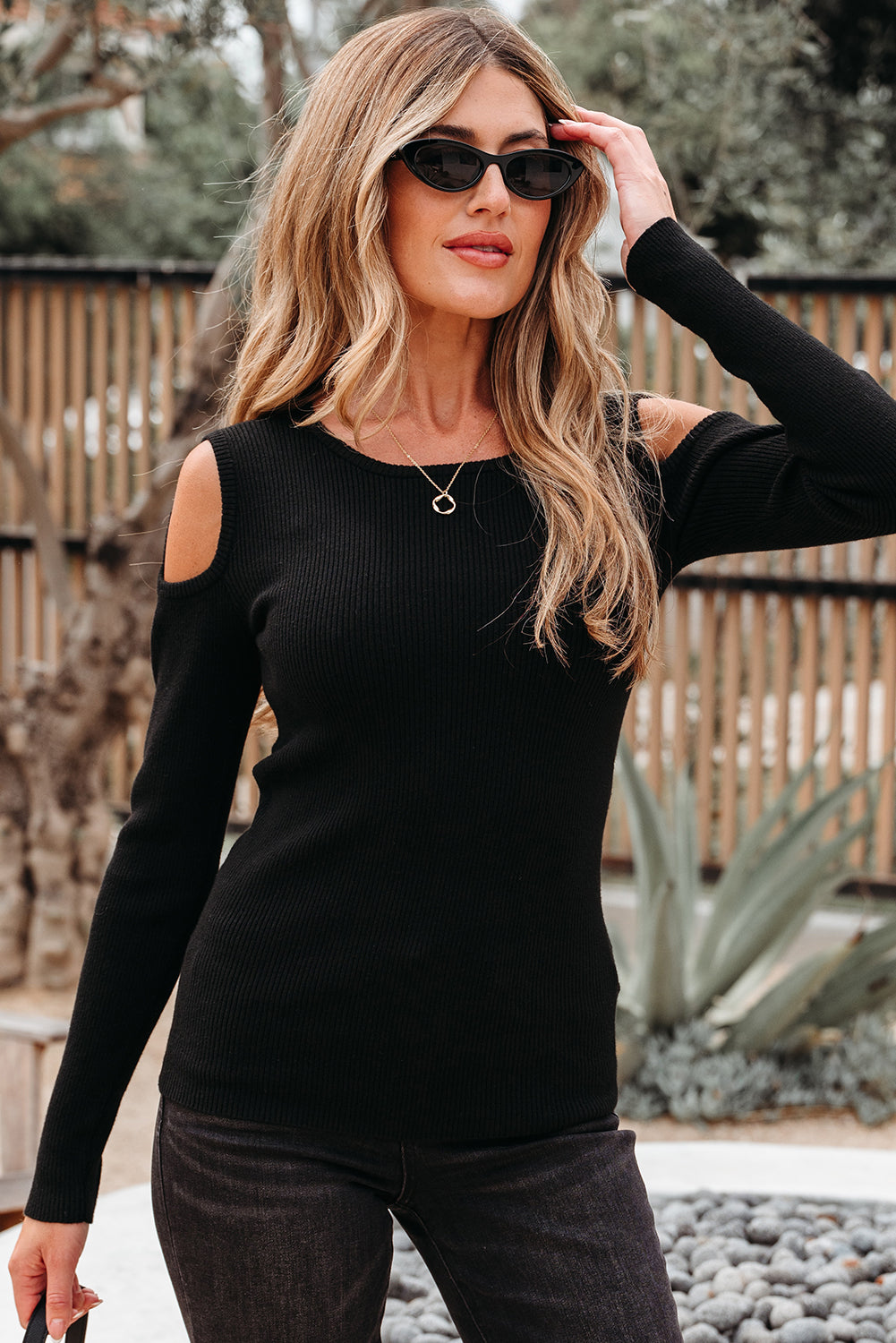 Threaded Pear Amaya Ribbed Knit Cold Shoulder Sweater