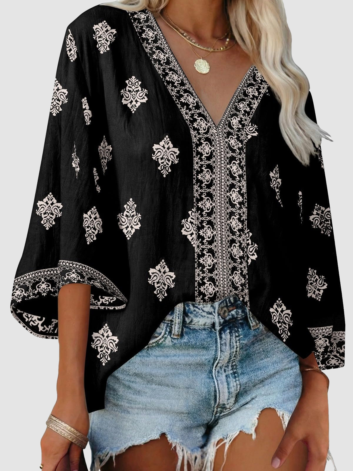 Women's Boho Embroidered V-Neck 3/4 Sleeve Blouse