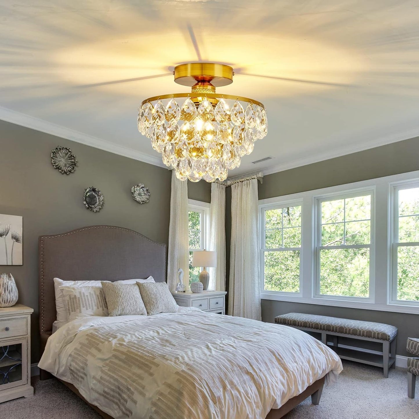 Gold Crystal Chandelier E26 Semi Flush Mount Ceiling Light by ShipItFurniture