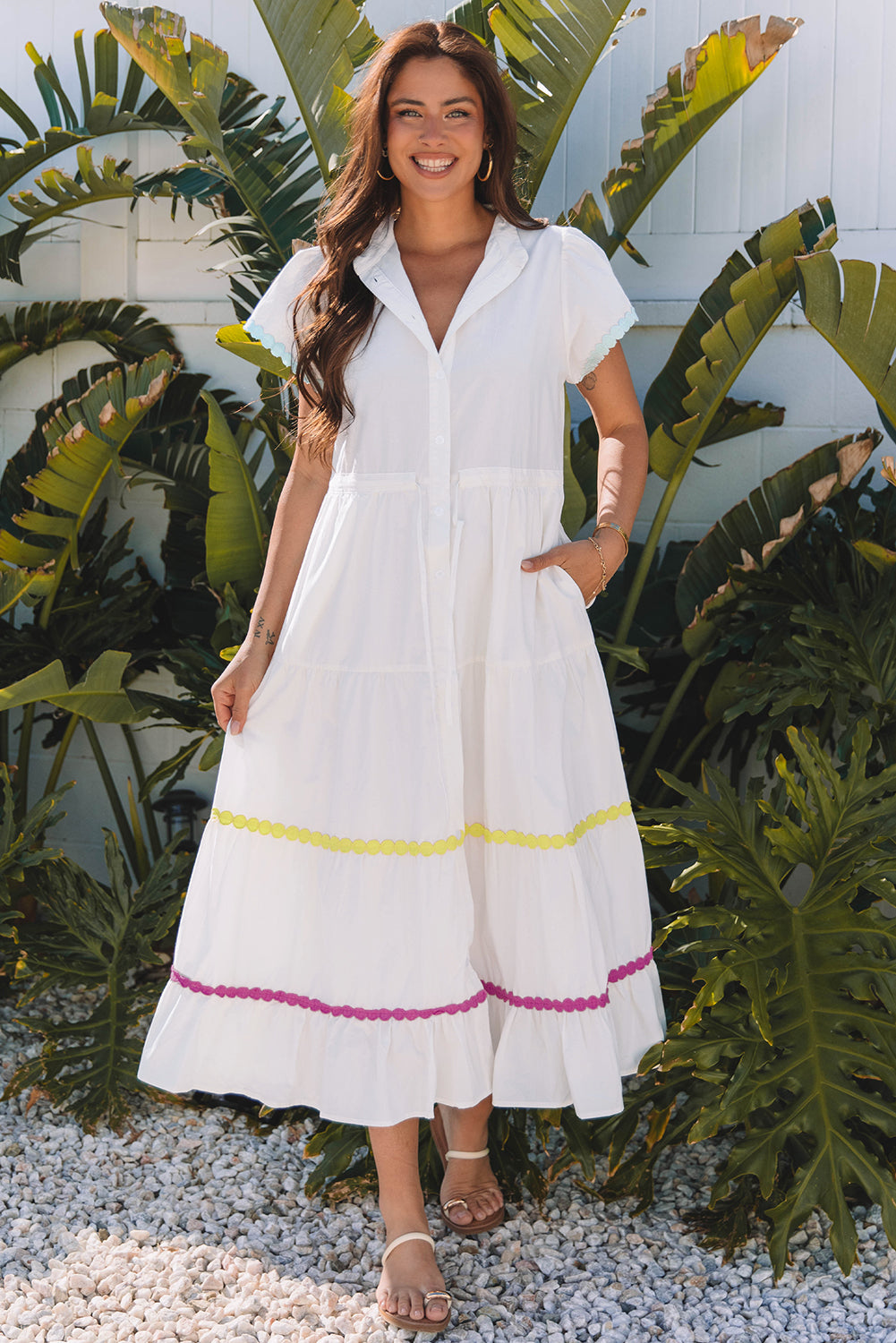 Threaded Pear Aleah Rickrack Trim Short Sleeve Long Dress