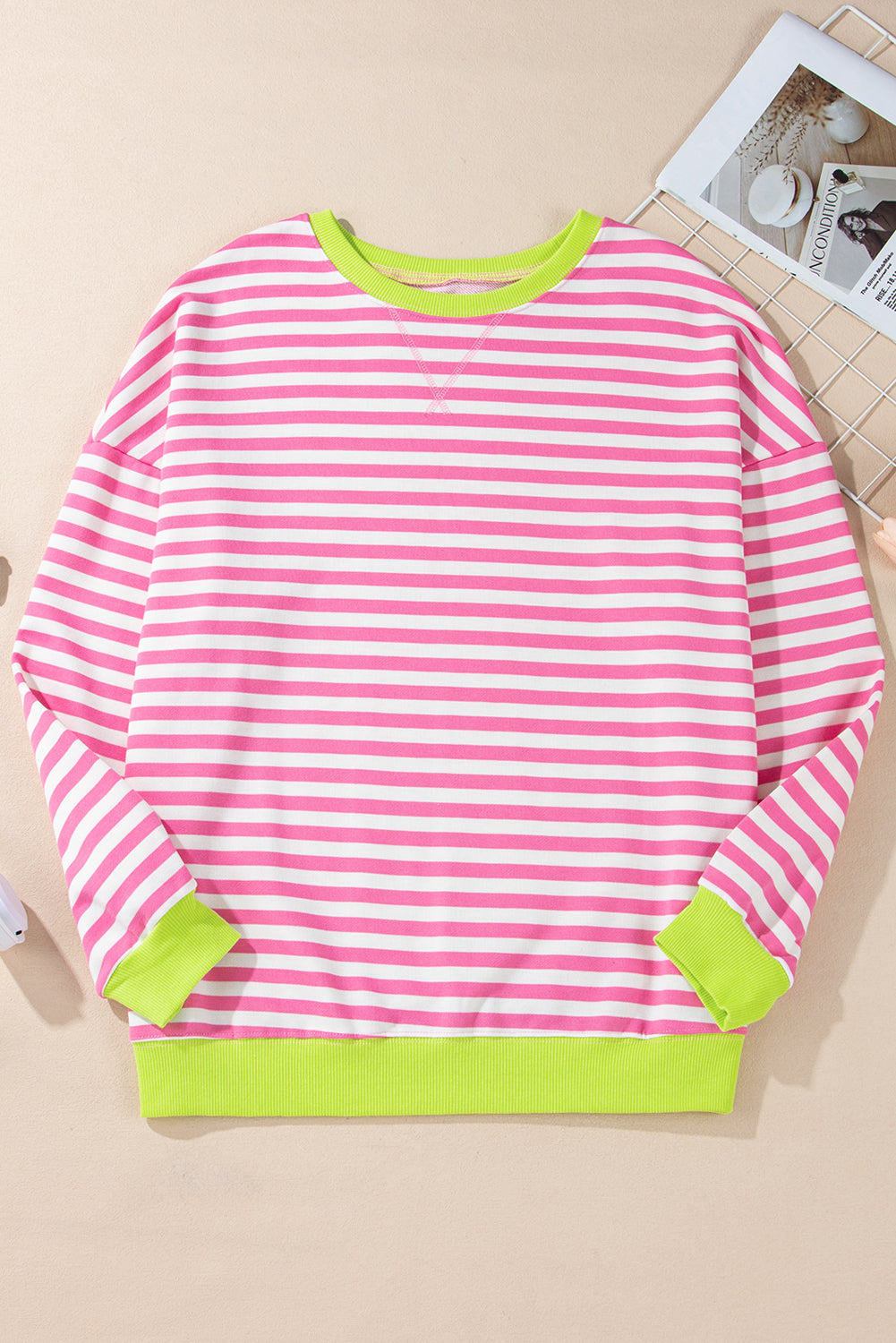 Baya Striped Contrast Trim Drop Shoulder Sweatshirt - Pink