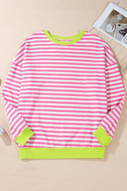 Baya Striped Contrast Trim Drop Shoulder Sweatshirt - Pink