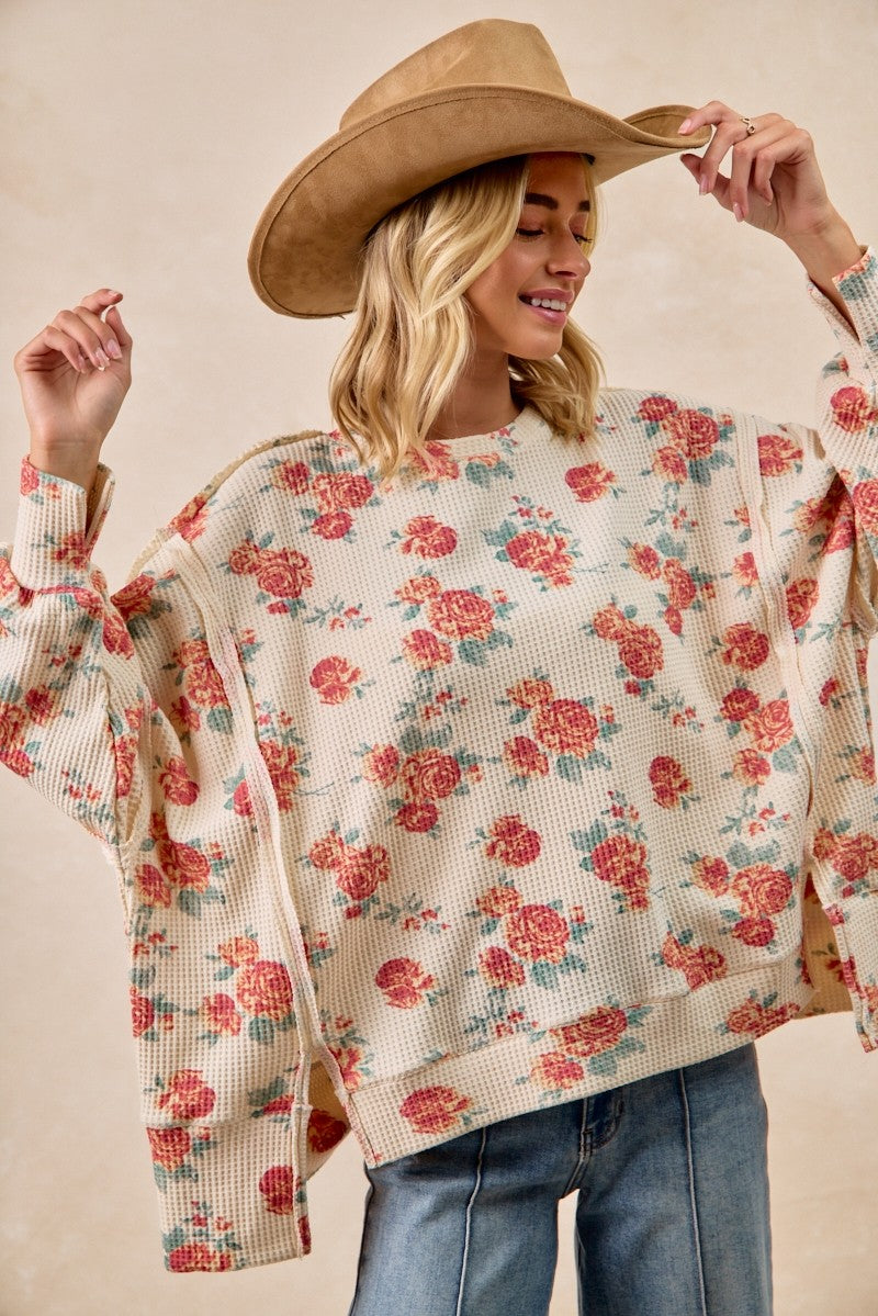 BiBi Floral Print Oversized Waffle Thermal Top
