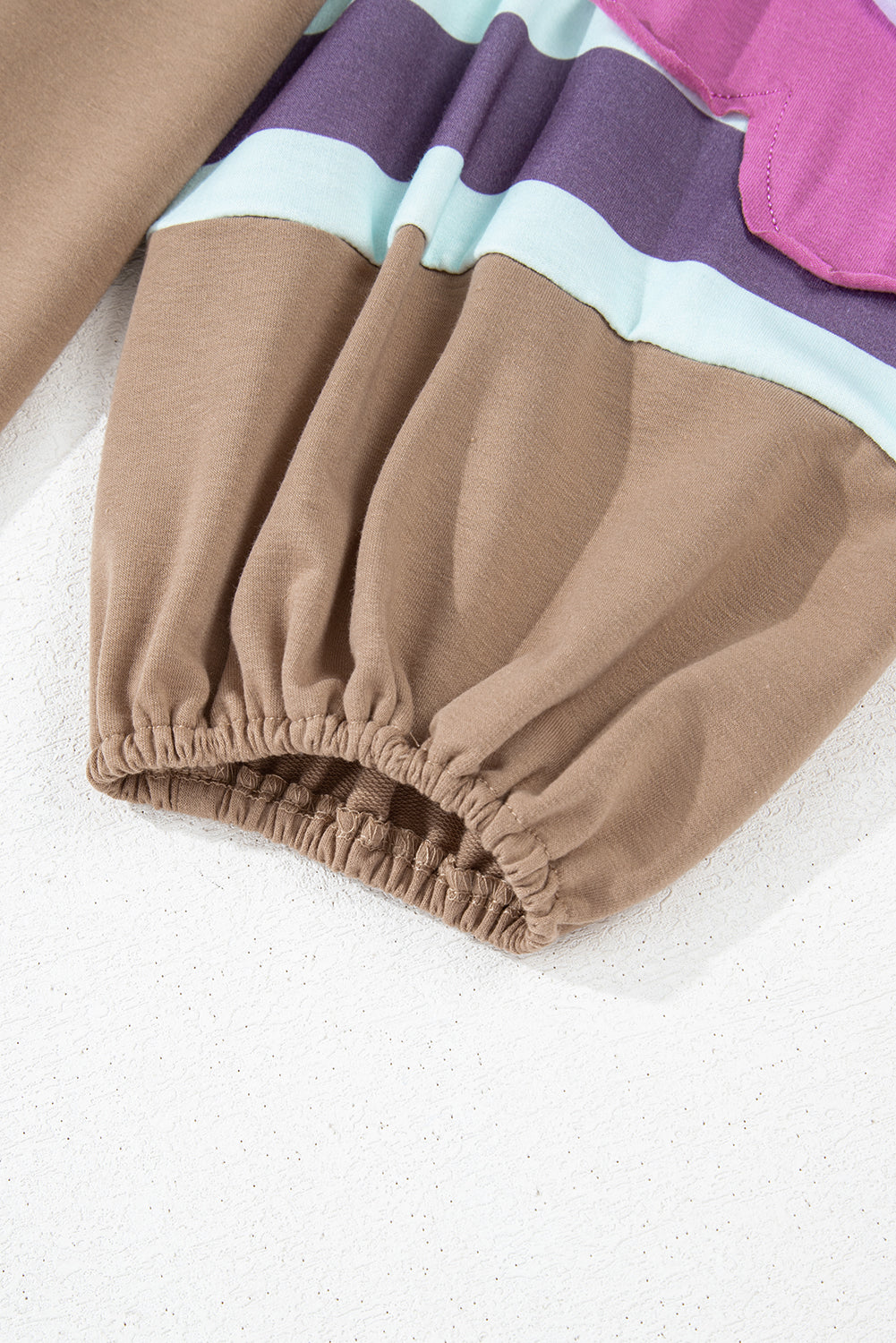 Threaded Pear Light French Beige Flower Striped Patchwork Puff Sleeve Loose PLUS Sweatshirt