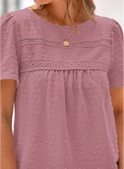 ✨Women's Swiss Dot Lace Crochet Crewneck Boho Short Sleeves
