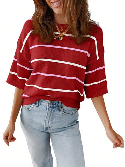 Womens Tops Crewneck Short Sleeve Sweater Pullover Knit Striped Shirt Spring Outfits for Women 2026