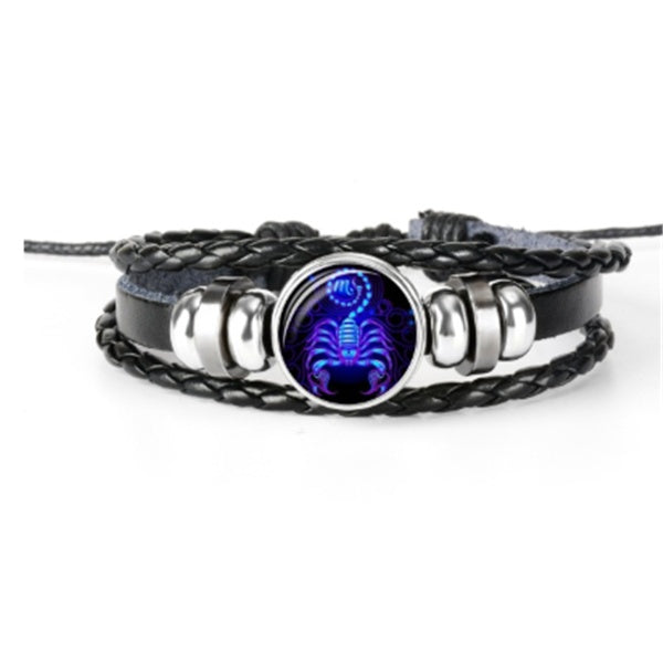 12 Zodiac Constellation Luminous Bracelet | Handmade Braided Leather Astrology Bracelet | Glow-in-the-Dark Birthday Gift for Men, Women & Kids