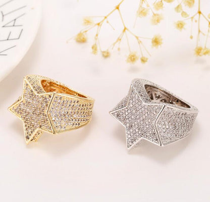 Men’s Hip-Hop Iced-Out Five-Pointed Star Ring | Full Diamond Simulant Star Statement Ring | Bold Streetwear Jewelry for Men | Luxurious Rockstar Star Band Ring