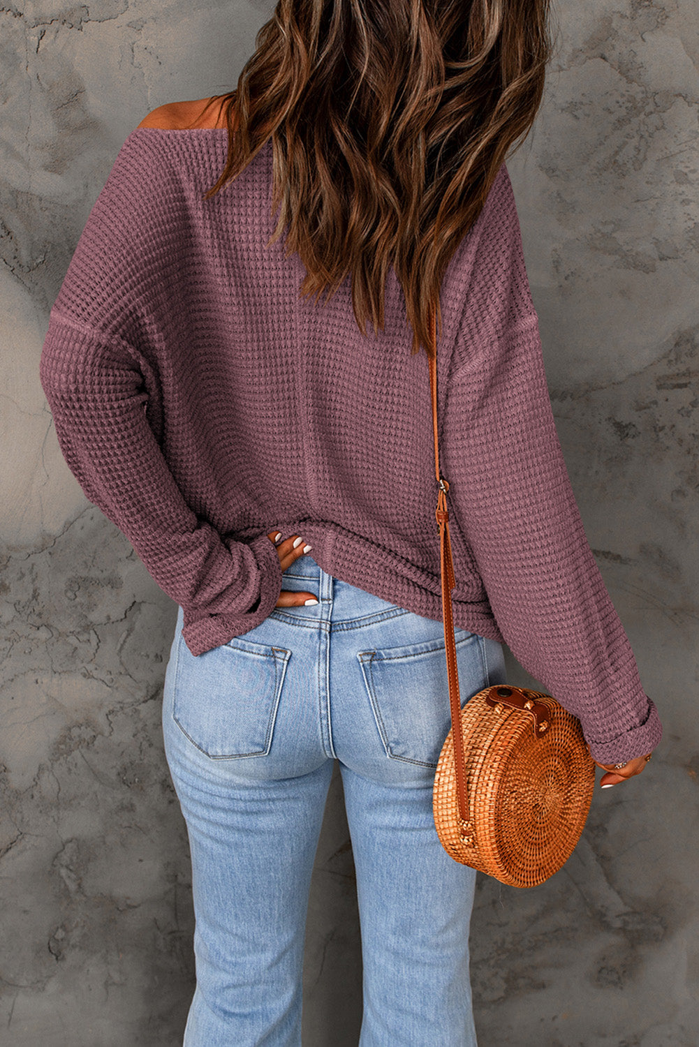 Threaded Pear Evelyn Waffle Knit Loose Long Sleeve Top