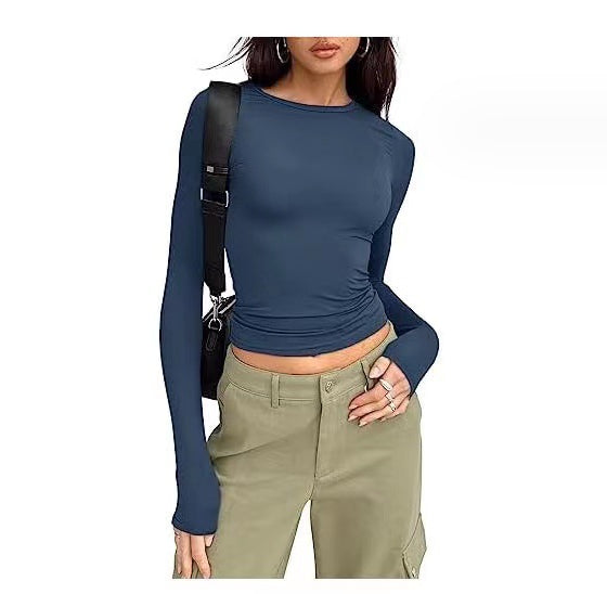 Women’s Fashion Slim-Fit Long-Sleeved Pullover | Elegant Solid Color Casual Fit Shirt | Modern Crew Neck Ribbed Base Layer | Trendy Body-Hugging Autumn Top | 2026 Minimalist Everyday Fashion Staple