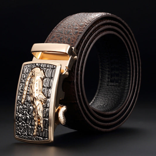 Men’s Luxury Genuine Cowhide Leather Belt | High-Sense Automatic Buckle Executive Waistband | Trendy Minimalist Sleek Ratchet Belt | Luxury-Label Statuesque Radiant Accessory | 2026 High-Fashion Emerald-Luxe Essential
