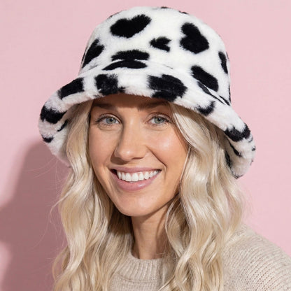 Anna-Kaci Valentine Plush Heart Pattern Bucket Hat Soft Texture Cozy Winter Style