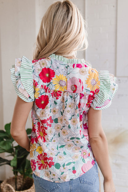Threaded Pear Anne Floral Ruffle Trim Short Sleeve Blouse
