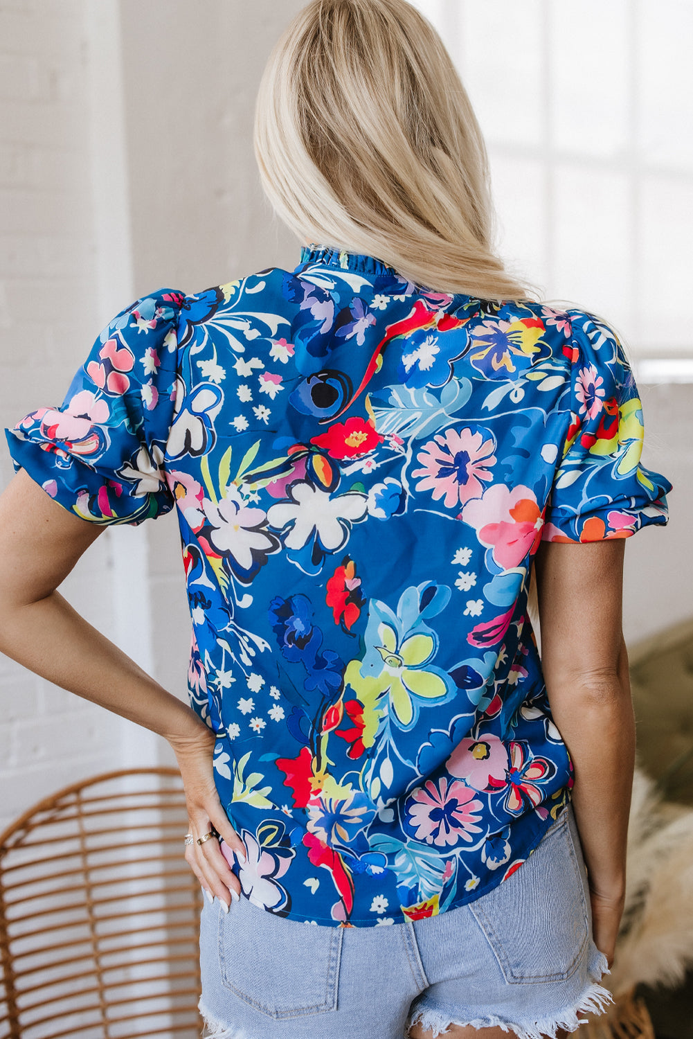 Threaded Pear Ainara Flower Puff Short Sleeve Loose Blouse