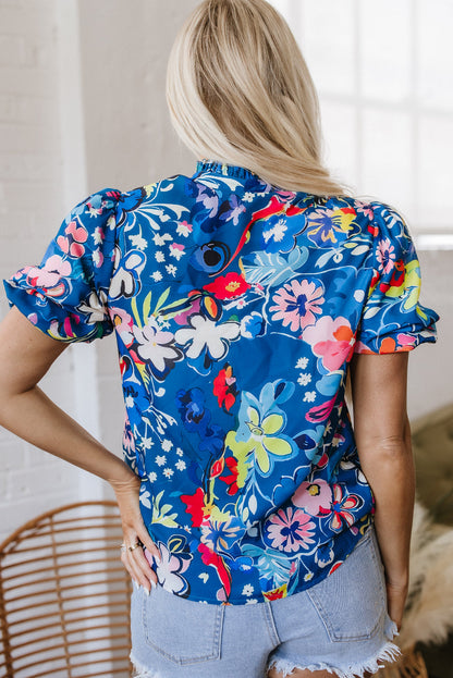 Threaded Pear Ainara Flower Puff Short Sleeve Loose Blouse